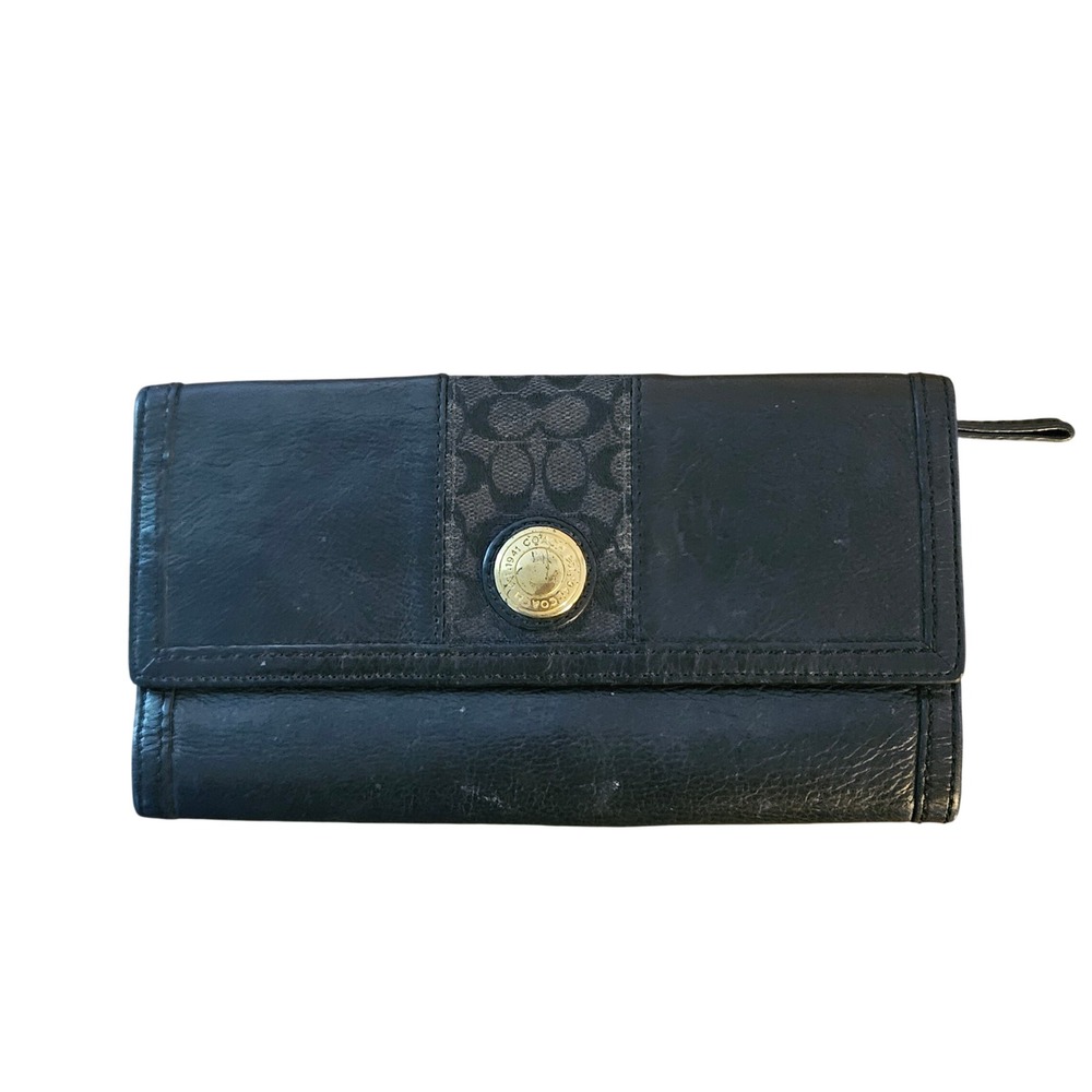 Coach Black Leather Signature Stripe Trifold Wallet Gold Medallion Tattersall